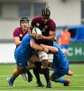 28 May 2021; Daniel Okeke of Ireland U20 is tackled by Mark Boyle, left, and John McKee of Leinster A during the match between Ireland U20 and Leinster A at Energia Park in Dublin. Photo by Ramsey Cardy/Sportsfile
