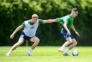 28 May 2021; Conor Noss is tackled by Mark McGuinness during a Republic of Ireland U21 training session in Marbella, Spain. Photo by Stephen McCarthy/Sportsfile