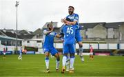 28 May 2021; Babatunde Owolabi of Finn Harps, 45, celebrates after scoring his side's first goal with team-mates during the SSE Airtricity League Premier Division match between Finn Harps and Sligo Rovers at Finn Park in Ballybofey, Donegal. Photo by David Fitzgerald/Sportsfile