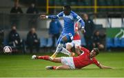 28 May 2021; Babatunde Owolabi of Finn Harps is tackled by Robbie McCourt of Sligo Rovers during the SSE Airtricity League Premier Division match between Finn Harps and Sligo Rovers at Finn Park in Ballybofey, Donegal. Photo by David Fitzgerald/Sportsfile