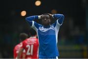 28 May 2021; Babatunde Owolabi of Finn Harps reacts to a missed opportunity during the SSE Airtricity League Premier Division match between Finn Harps and Sligo Rovers at Finn Park in Ballybofey, Donegal. Photo by David Fitzgerald/Sportsfile