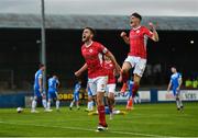 28 May 2021; Lewis Banks of Sligo Rovers, left, celebrates after scoring his side's second goal alongside team-mate Mark Byrne during the SSE Airtricity League Premier Division match between Finn Harps and Sligo Rovers at Finn Park in Ballybofey, Donegal. Photo by David Fitzgerald/Sportsfile