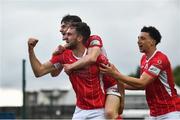 28 May 2021; Lewis Banks of Sligo Rovers, centre, celebrates after scoring his side's second goal with team-mates Mark Byrne , top, and Jordan Gibson during the SSE Airtricity League Premier Division match between Finn Harps and Sligo Rovers at Finn Park in Ballybofey, Donegal. Photo by David Fitzgerald/Sportsfile