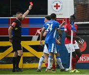 28 May 2021; Romeo Parkes of Sligo Rovers is shown a red card by referee Neil Doyle during the SSE Airtricity League Premier Division match between Finn Harps and Sligo Rovers at Finn Park in Ballybofey, Donegal. Photo by David Fitzgerald/Sportsfile