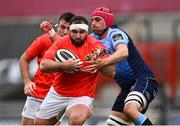 28 May 2021; James Cronin of Munster is tackled by Cory Hill of Cardiff Blues during the Guinness PRO14 Rainbow Cup match between Munster and Cardiff Blues at Thomond Park in Limerick. Photo by Piaras Ó Mídheach/Sportsfile