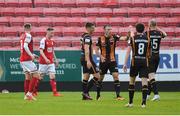 28 May 2021; David McMillan of Dundalk, seconf from left, is congratulated by team-mates Patrick McEleney, left, and Chris Shields after scoring their side's first goal during the SSE Airtricity League Premier Division match between St Patrick's Athletic and Dundalk at Richmond Park in Dublin. Photo by Seb Daly/Sportsfile