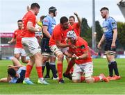 28 May 2021; Fineen Wycherley of Munster celebrates scoring his side's second try during the Guinness PRO14 Rainbow Cup match between Munster and Cardiff Blues at Thomond Park in Limerick. Photo by Piaras Ó Mídheach/Sportsfile