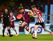 28 May 2021; Chris Lyons of Drogheda United in action against Cameron McJannet of Derry City during the SSE Airtricity League Premier Division match between Drogheda United and Derry City at Head in the Game Park in Drogheda, Louth. Photo by Eóin Noonan/Sportsfile