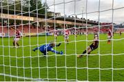 28 May 2021; David McMillan of Dundalk shoots to score his side's second goal, despite the efforts of St Patrick's Athletic goalkeeper Vitezslav Jaros, during the SSE Airtricity League Premier Division match between St Patrick's Athletic and Dundalk at Richmond Park in Dublin. Photo by Seb Daly/Sportsfile