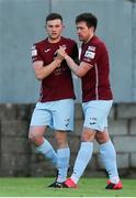 28 May 2021; Jake Hegarty, right, celebrates after scoring his side's first goal with Cobh Ramblers team-mate Darryl Walsh during the SSE Airtricity League First Division match between Cobh Ramblers and Cork City at St Colman's Park in Cobh, Cork. Photo by Michael P Ryan/Sportsfile