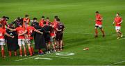 28 May 2021; Munster players CJ Stander and Andrew Conway, right, make their way to the team huddle after their win in the Guinness PRO14 Rainbow Cup match between Munster and Cardiff Blues at Thomond Park in Limerick. Photo by Piaras Ó Mídheach/Sportsfile