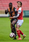 28 May 2021; Val Adedokun of Dundalk in action against Matty Smith of St Patrick's Athletic during the SSE Airtricity League Premier Division match between St Patrick's Athletic and Dundalk at Richmond Park in Dublin. Photo by Seb Daly/Sportsfile