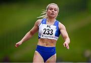 29 May 2021; Molly Scott of St. Laurence O'Toole AC, Carlow, crosses the line to win the Women's 100m event during the Belfast Irish Milers' Meeting at Mary Peters Track in Belfast. Photo by Sam Barnes/Sportsfile