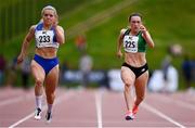 29 May 2021; Molly Scott of St. Laurence O'Toole AC, Carlow, left, on her way to winning the Women's 100m event, ahead of Niamh Whelan of Ferrybank AC, Waterford, during the Belfast Irish Milers' Meeting at Mary Peters Track in Belfast. Photo by Sam Barnes/Sportsfile
