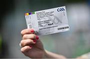 29 May 2021; Patricia Brennan, from Fermanagh, shows off her ticket prior to the Allianz Football League Division 3 North Round 3 match between Fermanagh and Longford at Brewster Park in Enniskillen, Fermanagh. Photo by David Fitzgerald/Sportsfile