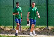 29 May 2021; Chiedozie Ogbene, left, and John Egan arrive for a Republic of Ireland training session at PGA Catalunya Resort in Girona, Spain. Photo by Pedro Salado/Sportsfile