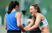 29 May 2021; Phil Healy of WIT Vikings, Waterford, left, and Sophie Becker of Raheny Shamrock AC, Dublin, celebrate after finishing first and second respectively in the Women's 400m A, with both athletes setting new PBs in the process, during the Belfast Irish Milers' Meeting at Mary Peters Track in Belfast. Photo by Sam Barnes/Sportsfile