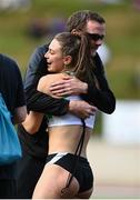 29 May 2021; Sophie Becker of Raheny Shamrock AC, Dublin, celebrates with her coach Jeremy Lyons after running a PB whilst competing in the Women's 400m A event during the Belfast Irish Milers' Meeting at Mary Peters Track in Belfast. Photo by Sam Barnes/Sportsfile