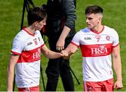 29 May 2021; Conor Doherty, right, and Paul Cassidy of Derry fist bump after their side's victory in the Allianz Football League Division 3 North Round 3 match between Cavan and Derry at Kingspan Breffni in Cavan. Photo by Harry Murphy/Sportsfile