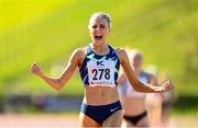 29 May 2021; Alexandra Bell of Pudsey and Bramley AC, Yorkshire, England, celebrates after winning the Women's 800m A event, running the Olympic standard in the process, during the Belfast Irish Milers' Meeting at Mary Peters Track in Belfast. Photo by Sam Barnes/Sportsfile