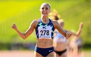 29 May 2021; Alexandra Bell of Pudsey and Bramley AC, Yorkshire, England, celebrates after winning the Women's 800m A event, running the Olympic standard in the process, during the Belfast Irish Milers' Meeting at Mary Peters Track in Belfast. Photo by Sam Barnes/Sportsfile