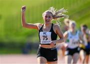 29 May 2021; Carla Sweeney of Rathfarnham WSAFAC, Dublin, celebrates as she crosses the line to win the Women's 1500m A event during the Belfast Irish Milers' Meeting at Mary Peters Track in Belfast. Photo by Sam Barnes/Sportsfile