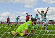 29 May 2021; Lee Grace of Shamrock Rovers, right, celebrates his side's winning goal, scored in added time by team-mate Rory Gaffney, left, as Longford Town goalkeeper Lee Steacy reacts to conceding, during the SSE Airtricity League Premier Division match between Longford Town and Shamrock Rovers at Bishopsgate in Longford. Photo by Seb Daly/Sportsfile