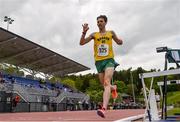 29 May 2021; Fionn Harrington of Bandon AC, Cork, celebrates winning the Men's 5000m B  event during the Belfast Irish Milers' Meeting at Mary Peters Track in Belfast. Photo by Sam Barnes/Sportsfile