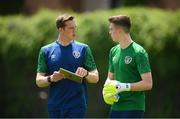 29 May 2021; Goalkeeping coach Rene Gilmartin and goalkeeper Dan Rose during a Republic of Ireland U21 training session in Marbella, Spain. Photo by Stephen McCarthy/Sportsfile
