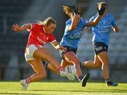 29 May 2021; Sadhbh O'Leary of Cork has a shot on goal despite the efforts of Laura McGinley of Dublin during the Lidl Ladies National Football League Division 1B Round 1 match between Cork and Dublin at Páirc Ui Chaoimh in Cork. Photo by Eóin Noonan/Sportsfile