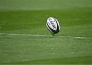 28 May 2021; A general view of a rugby ball on a kicking tee in the warm-up before the Guinness PRO14 Rainbow Cup match between Munster and Cardiff Blues at Thomond Park in Limerick. Photo by Piaras Ó Mídheach/Sportsfile