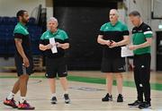 29 May 2021; Head coach Mark Keenan, second from left, with assistant coach Lawrence &quot;Puff&quot; Summers, left, team manager Mike Hickey and assistant coach Adrian Fulton during Ireland senior men squad training at the National Basketball Arena in Dublin ahead of the FIBA European Championship for Small Countries in August. Photo by Brendan Moran/Sportsfile