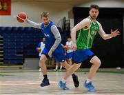 29 May 2021; Sean Flood, left, and Jordan Blount during Ireland senior men squad training at the National Basketball Arena in Dublin ahead of the FIBA European Championship for Small Countries in August. Photo by Brendan Moran/Sportsfile