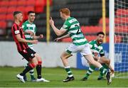 29 May 2021; Rory Gaffney of Shamrock Rovers celebrates after scoring his side's winning goal in added time during the SSE Airtricity League Premier Division match between Longford Town and Shamrock Rovers at Bishopsgate in Longford. Photo by Seb Daly/Sportsfile
