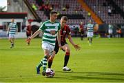 29 May 2021; Dean Williams of Shamrock Rovers in action against Michael McDonnell of Longford Town during the SSE Airtricity League Premier Division match between Longford Town and Shamrock Rovers at Bishopsgate in Longford. Photo by Seb Daly/Sportsfile