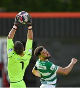 29 May 2021; Lee Steacy of Longford Town in action against Roberto Lopes of Shamrock Rovers during the SSE Airtricity League Premier Division match between Longford Town and Shamrock Rovers at Bishopsgate in Longford. Photo by Seb Daly/Sportsfile