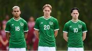30 May 2021; Republic of Ireland players, from left, Tyreik Wright, Ryan Johansson and Louie Watson stand for the playing of the National Anthem before the U21 international friendly match between Switzerland and Republic of Ireland at Dama de Noche Football Centre in Marbella, Spain. Photo by Stephen McCarthy/Sportsfile