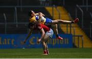 30 May 2021; Cathal O'Connor of Clare in action against Kevin O'Driscoll of Cork during the Allianz Football League Division 2 South Round 3 match between Clare and Cork at Cusack Park in Ennis, Clare. Photo by Harry Murphy/Sportsfile