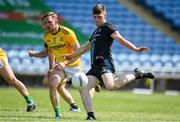 30 May 2021; James Carr of Mayo shoots to score his side's third goal despite the attentions of Conor McGill of Meath during the Allianz Football League Division 2 North Round 3 match between Mayo and Meath at Elverys MacHale Park in Castlebar, Mayo. Photo by Sam Barnes/Sportsfile