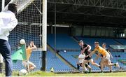 30 May 2021; James Carr of Mayo shoots to score his side's second goal, despite the efforts of Meath players Seamus Lavin left, and Cathal Hickey, right, during the Allianz Football League Division 2 North Round 3 match between Mayo and Meath at Elverys MacHale Park in Castlebar, Mayo. Photo by Sam Barnes/Sportsfile