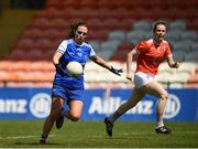 30 May 2021; Laura McEnaney of Monaghan in action against Sarah Marley of Armagh during the Lidl Ladies National Football League Division 2B Round 2 match between Armagh and Monaghan at the Athletic Grounds in Armagh. Photo by Philip Fitzpatrick/Sportsfile