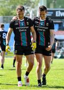 30 May 2021; Mayo players Michael Plunkett, left, and Stephen Coen, share a joke after the Allianz Football League Division 2 North Round 3 match between Mayo and Meath at Elverys MacHale Park in Castlebar, Mayo. Photo by Sam Barnes/Sportsfile