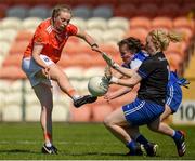 30 May 2021; Aoife McCoy of Armagh in action against Edel Corrigan and Lauren Garland of Monaghan during the Lidl Ladies National Football League Division 2B Round 2 match between Armagh and Monaghan at the Athletic Grounds in Armagh. Photo by Philip Fitzpatrick/Sportsfile