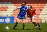 30 May 2021; Cora Courtney of Monaghan in action against Aoife McCoy of Armagh during the Lidl Ladies National Football League Division 2B Round 2 match between Armagh and Monaghan at the Athletic Grounds in Armagh. Photo by Philip Fitzpatrick/Sportsfile