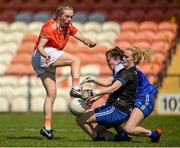 30 May 2021; Aoife McCoy of Armagh in action against Edel Corrigan of Monaghan during the Lidl Ladies National Football League Division 2B Round 2 match between Armagh and Monaghan at the Athletic Grounds in Armagh. Photo by Philip Fitzpatrick/Sportsfile