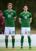 30 May 2021; Ryan Johansson, left, and Louie Watson of Republic of Ireland stand for the playing of the National Anthem before the U21 international friendly match between Switzerland and Republic of Ireland at Dama de Noche Football Centre in Marbella, Spain. Photo by Stephen McCarthy/Sportsfile