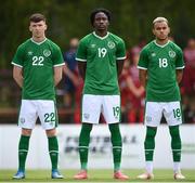 30 May 2021; Republic of Ireland players, from left, Conor Grant, Joshua Kayode and Tyreik Wright before the U21 international friendly match between Switzerland and Republic of Ireland at Dama de Noche Football Centre in Marbella, Spain. Photo by Stephen McCarthy/Sportsfile