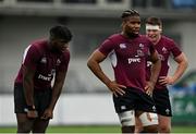 28 May 2021; Ireland U20 players, from left, Sam Illo, Daniel Okeke and Jack Boyle during the match between Ireland U20 and Leinster A at Energia Park in Dublin. Photo by Ramsey Cardy/Sportsfile
