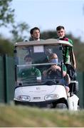 31 May 2021; Kitman Fergus McNally drives players, from left, Danny Mandroiu, seated, Harry Arter and Jayson Molumby back to the bus following a Republic of Ireland training session at PGA Catalunya Resort in Girona, Spain. Photo by Stephen McCarthy/Sportsfile