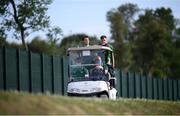 31 May 2021; Kitman Fergus McNally drives players, from left, Danny Mandroiu, seated, Harry Arter and Jayson Molumby back to the bus following a Republic of Ireland training session at PGA Catalunya Resort in Girona, Spain. Photo by Stephen McCarthy/Sportsfile